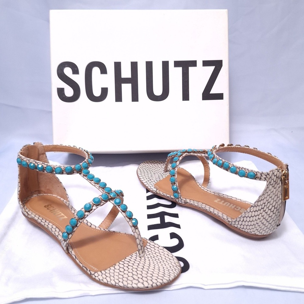 NIB Schutz Naja Natural Turquoise‎ Beaded T-Strap Flat Sandals Sz 6 Boho Resort